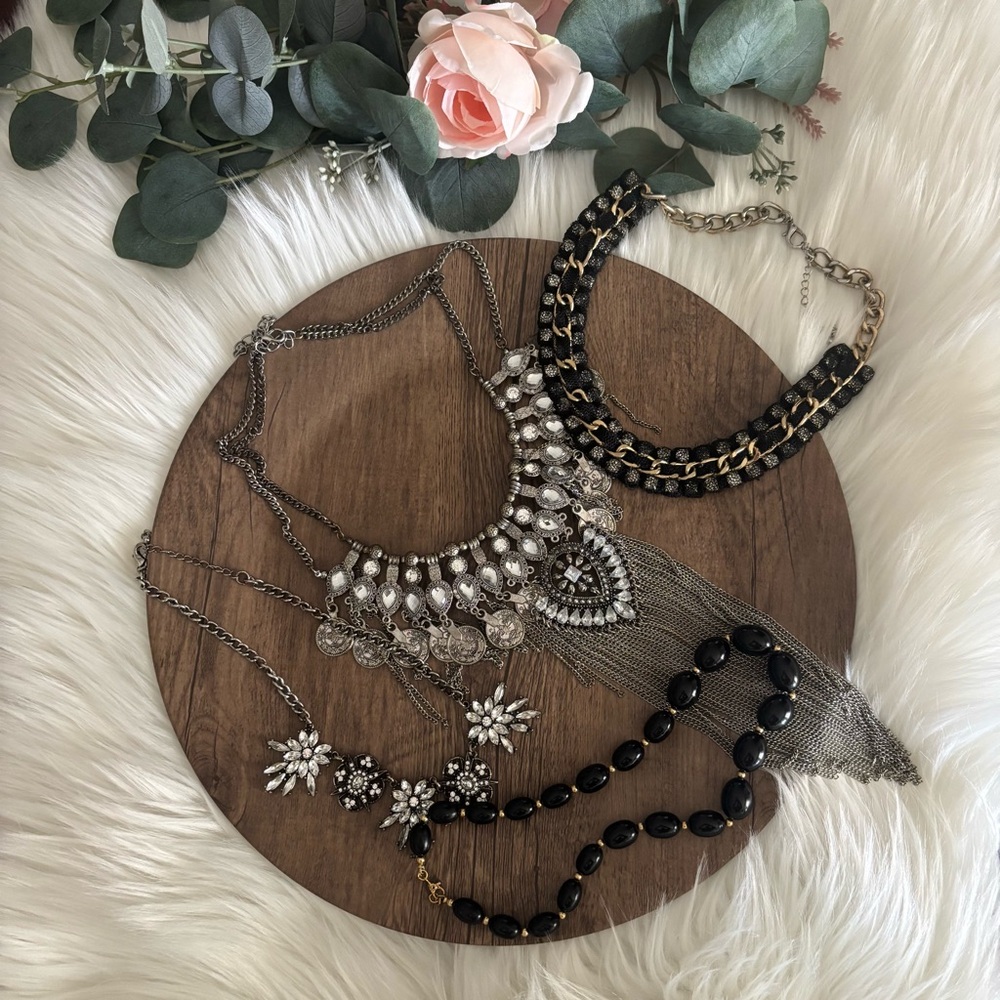 Statement Black And Silver Multi-Layer Necklace S… - image 1